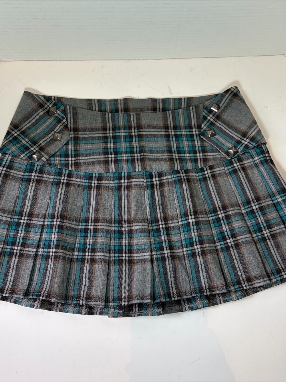 Lip Service Teal, Gray and Black Plaid Pleated Mini Skirt